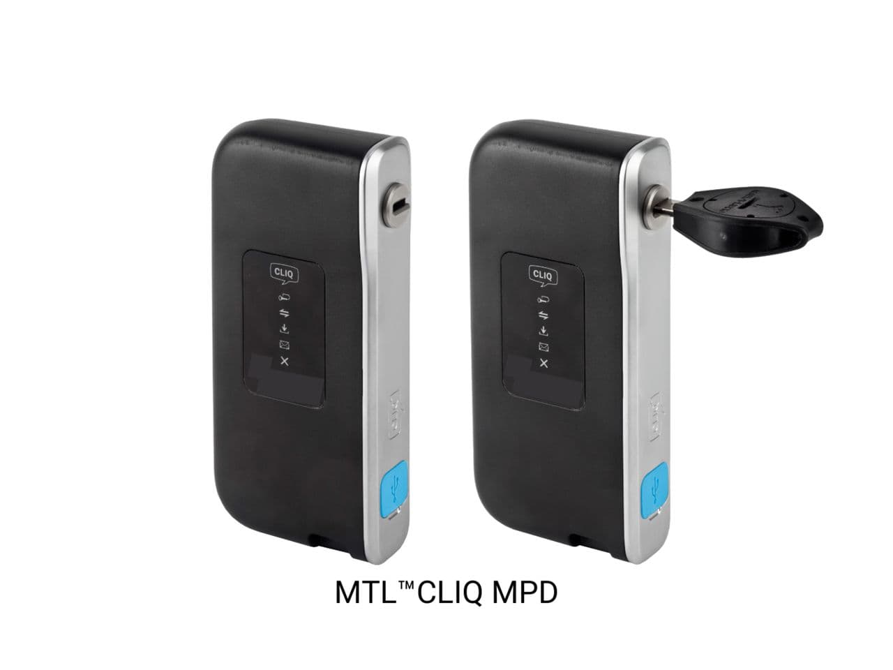 מתכנת נייד CLIQ MPD שחור, מוצג בשתי זוויות עם חיבור צדדי