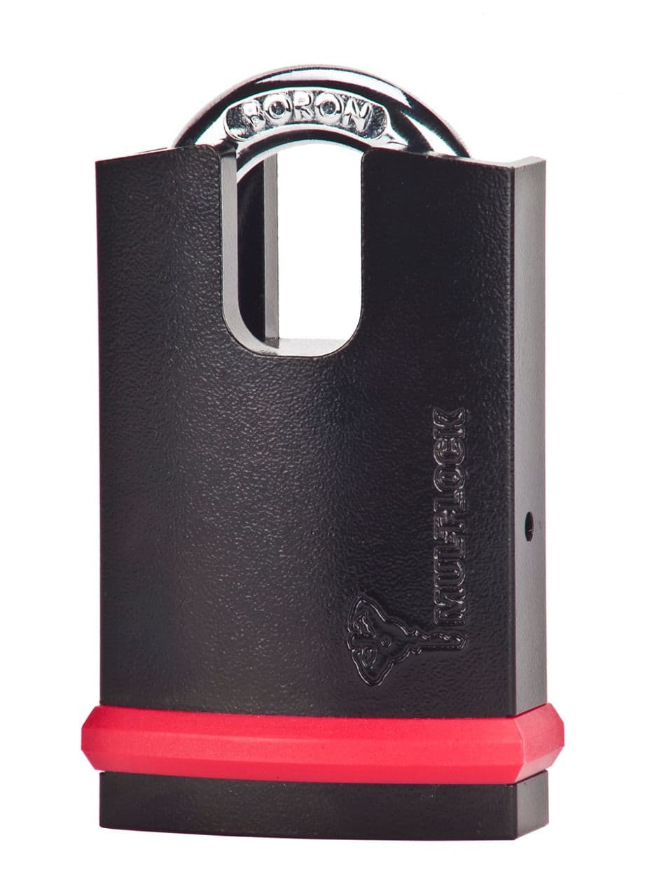 מנעול תלייה Mul-T-Lock NE10H עם גוף שחור גבוה ואנקול כסוף