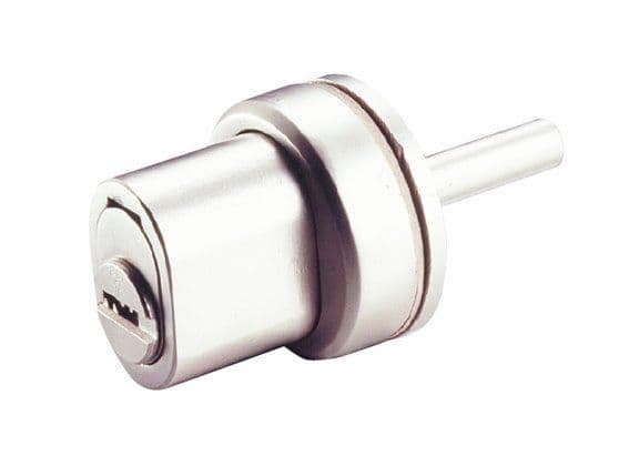 מנעול לחיצה Mul-T-Lock לדלת זכוכית עם גוף לבן גלילי ומוט נעילה ישר