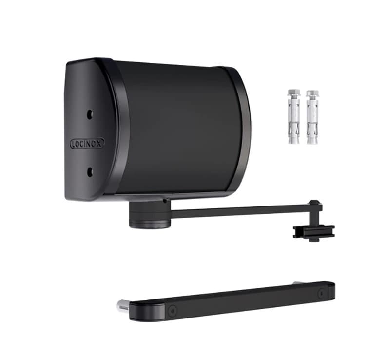 מחזיר שער Locinox PANTHER שחור, גוף המחזיר והחלקים הנפרדים בתמונת הספק