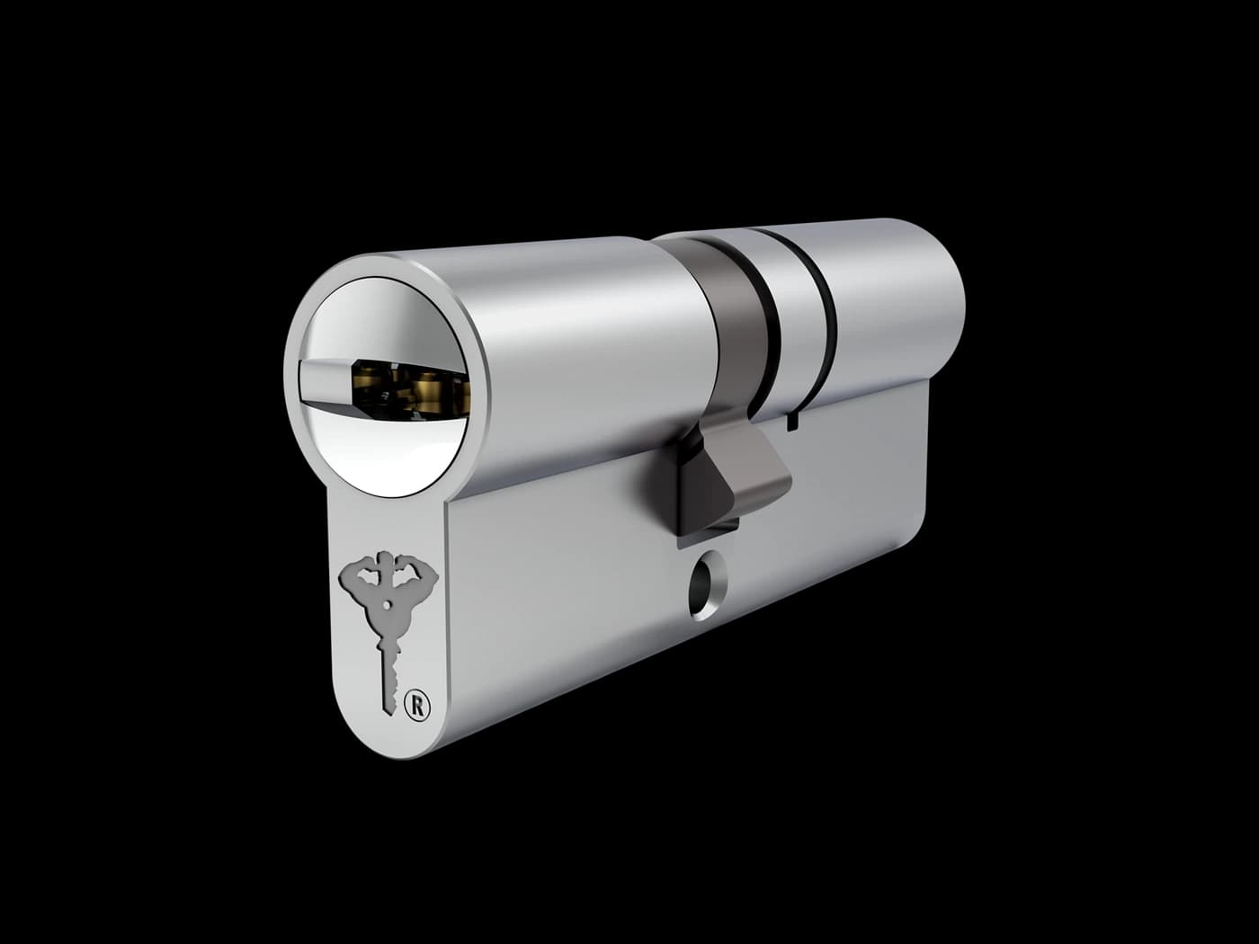 צילינדר Mul-T-Lock MTL800 במבט חיצוני, חזית המפתח והזיז המרכזי