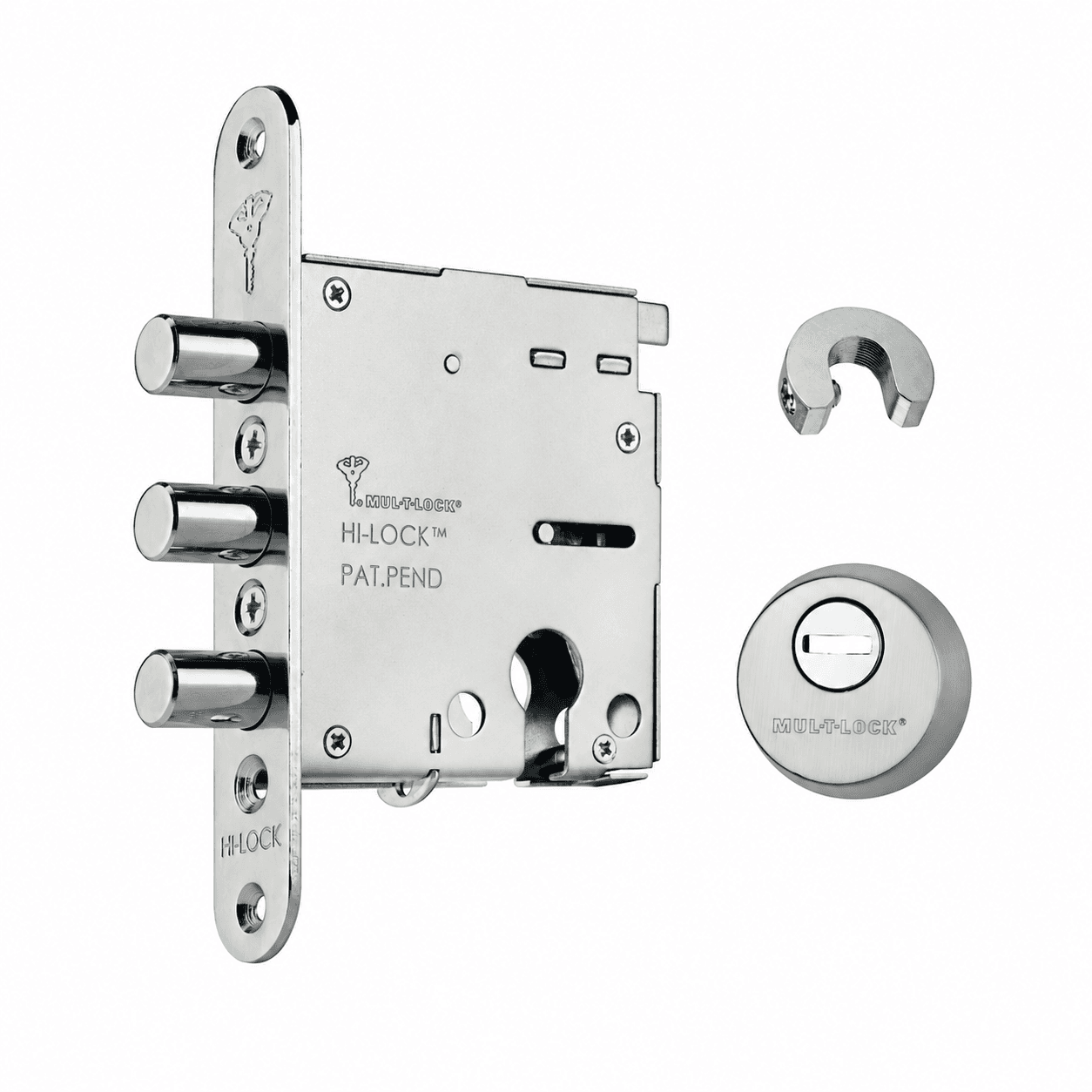 מנעול Mul-T-Lock Hi-Lock — כל שלושת הרכיבים המצולמים, רקע לבן מעובד ב-AI