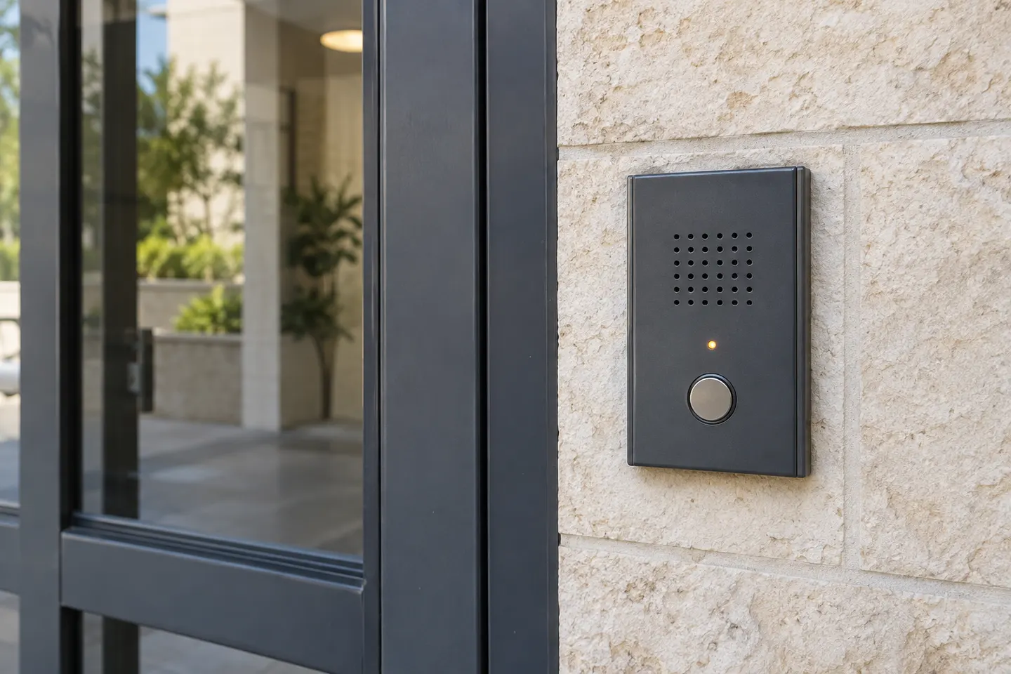 המחשה של אינטרקום על קיר אבן לצד משקוף דלת כניסה לבניין