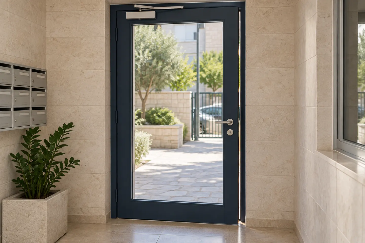 המחשת AI של דלת זכוכית בלובי בניין, עם רווח צר בצד הידית