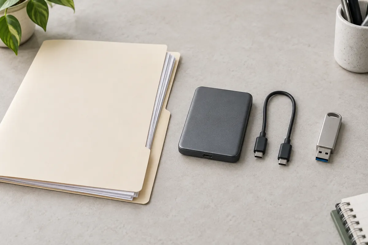 המחשת AI של תיקיית נייר, כונן גיבוי נייד והתקן USB המונחים בנפרד על שולחן