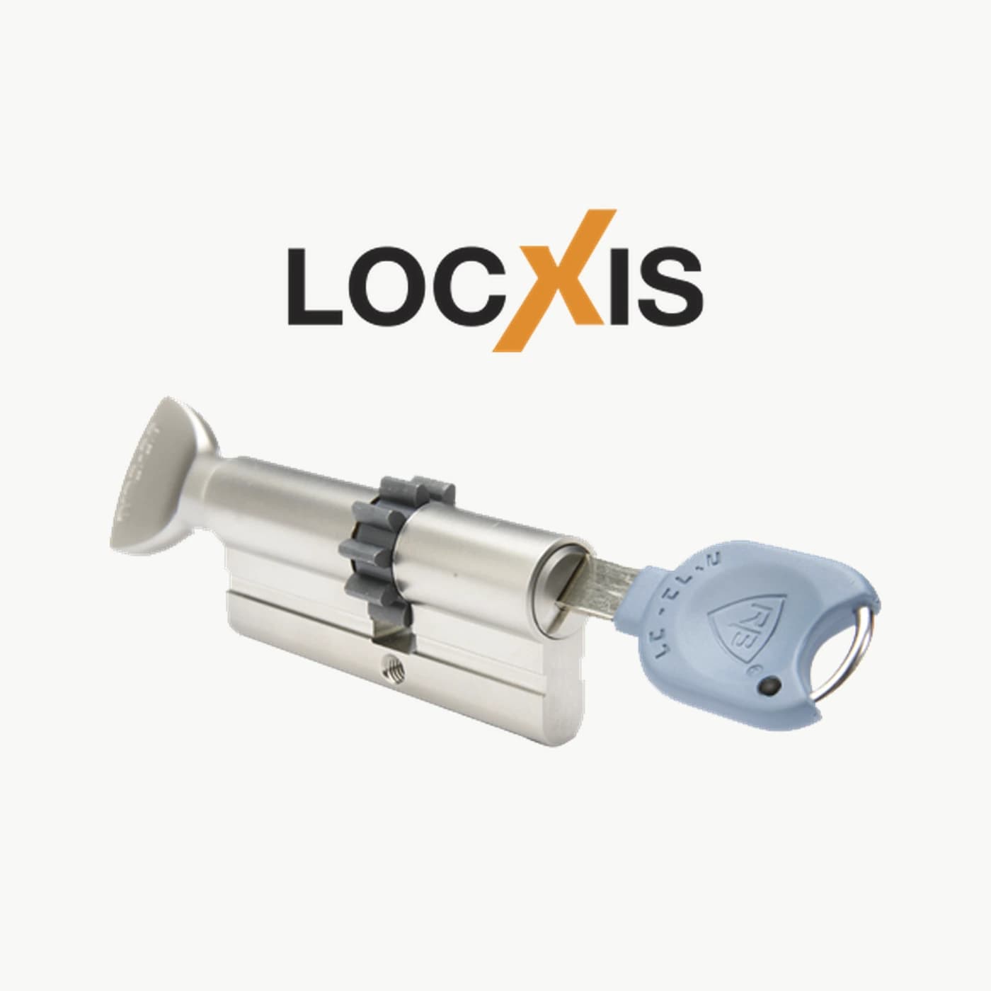 צילינדר LOCXIS כסוף עם מפתח כחול ולוגו LOCXIS