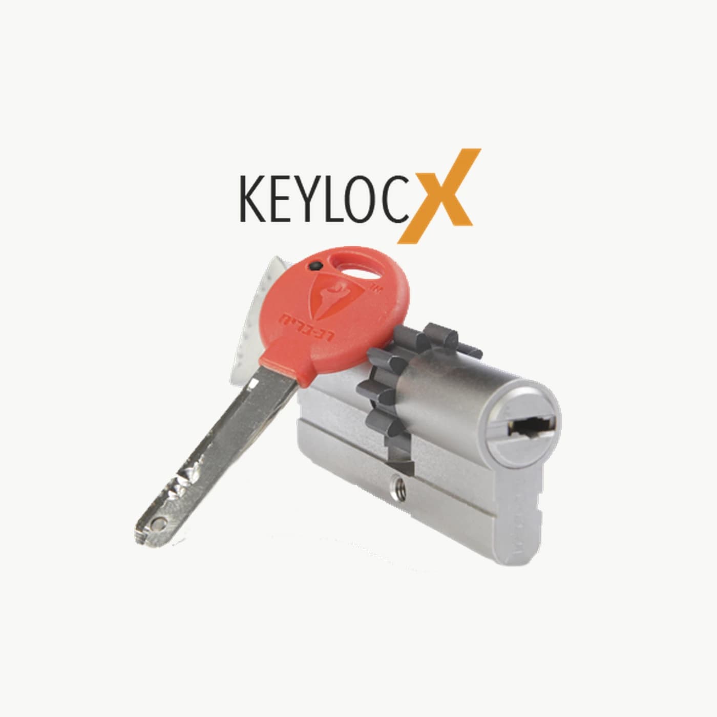 צילינדר KEYLOCX כסוף עם מפתח כתום ולוגו KEYLOCX
