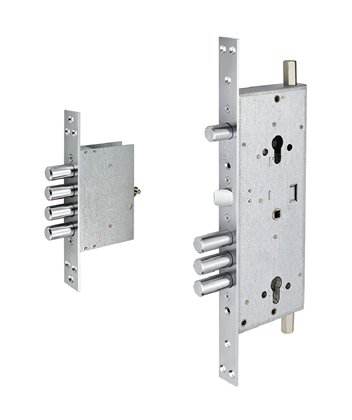 מנעול רב־בריחי Mul-T-Lock 415G עם לוחית אנכית ובריחים בולטים