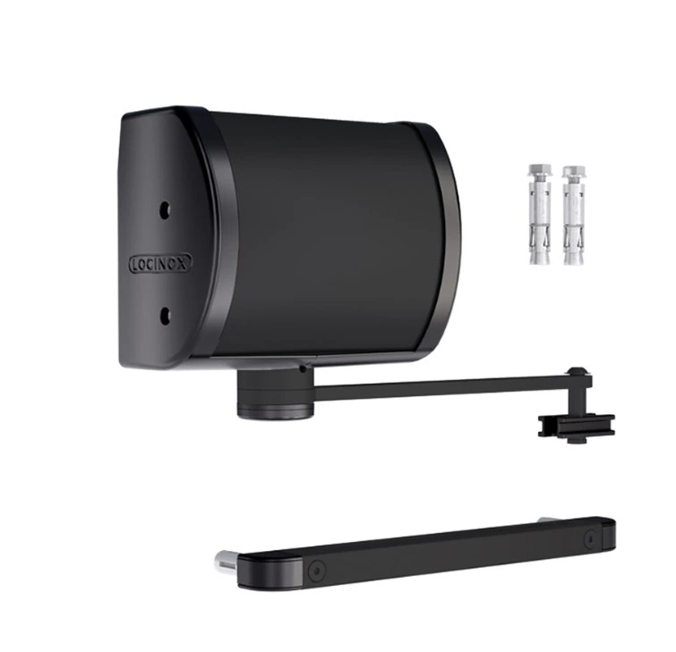 מחזיר שער Locinox PANTHER שחור, גוף המחזיר והחלקים הנפרדים בתמונת הספק