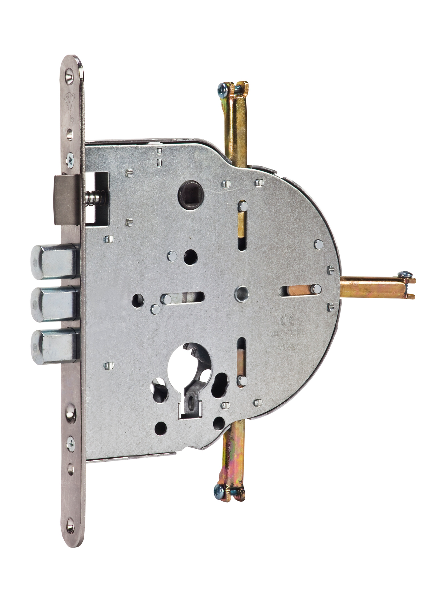 מנגנון Mul-T-Lock 603 עם סימון הלשונית, הבריחים, מקום הצילינדר וחיבורי המוטות